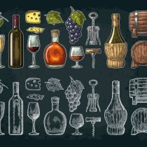 Set drinks made from grapes. Wine, brandy, champagne bottle, glass, barrel, cheese, barrel, bunch of grapes with berry and leaf. Vintage color engraving vector illustration isolated on dark background